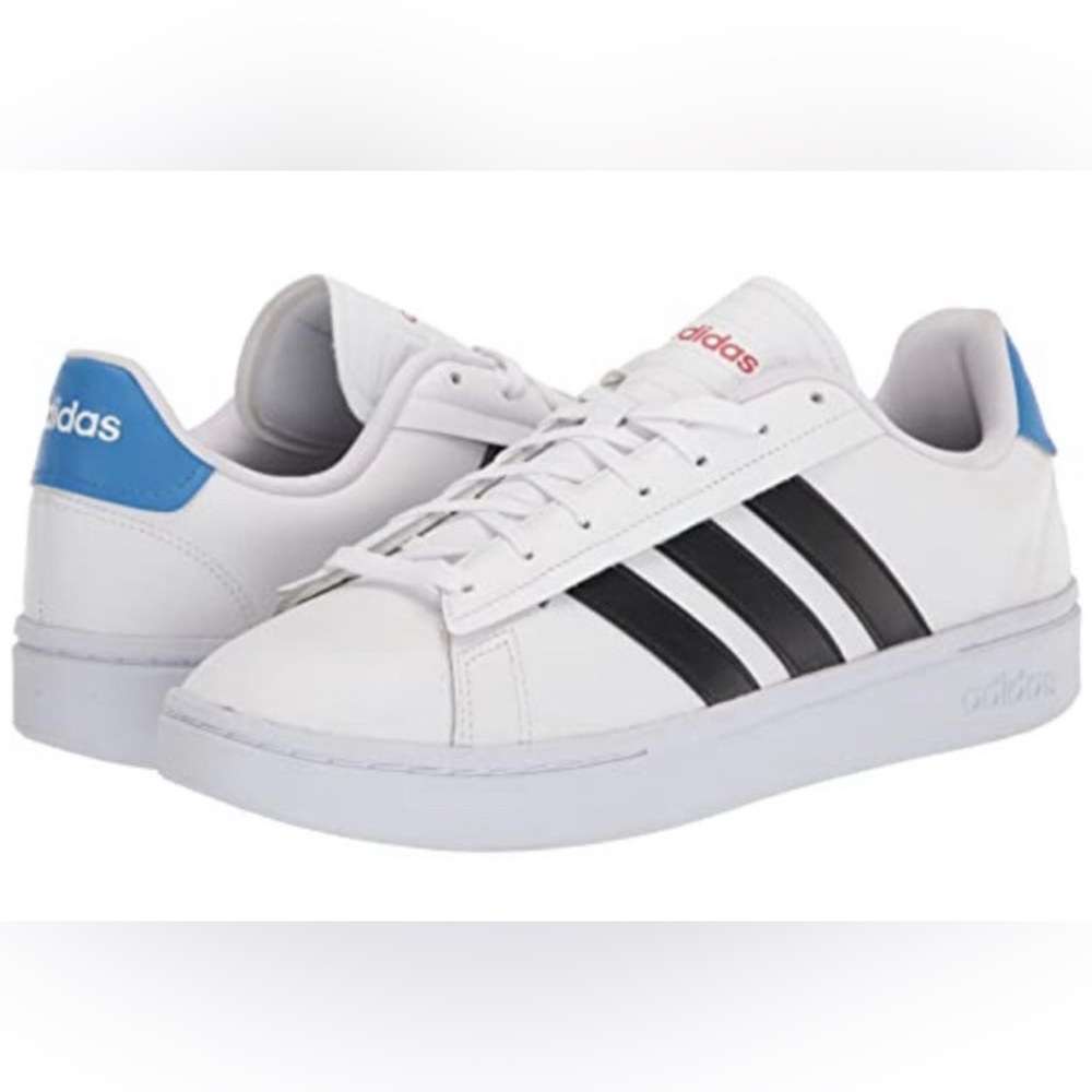 Adidas White Sneakers with Black Three-Stripes and Blue Heel Tab
